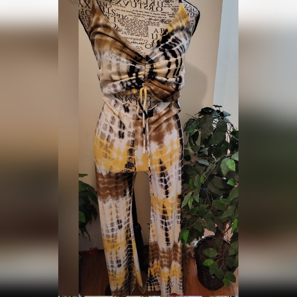 Fashion Nova Yellow and Brown Tie-Dye Jumpsuit